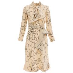 Pauline Trigere Cream Black Floral Silk Crepe Long Sleeve Dress, Circa 1980's 5