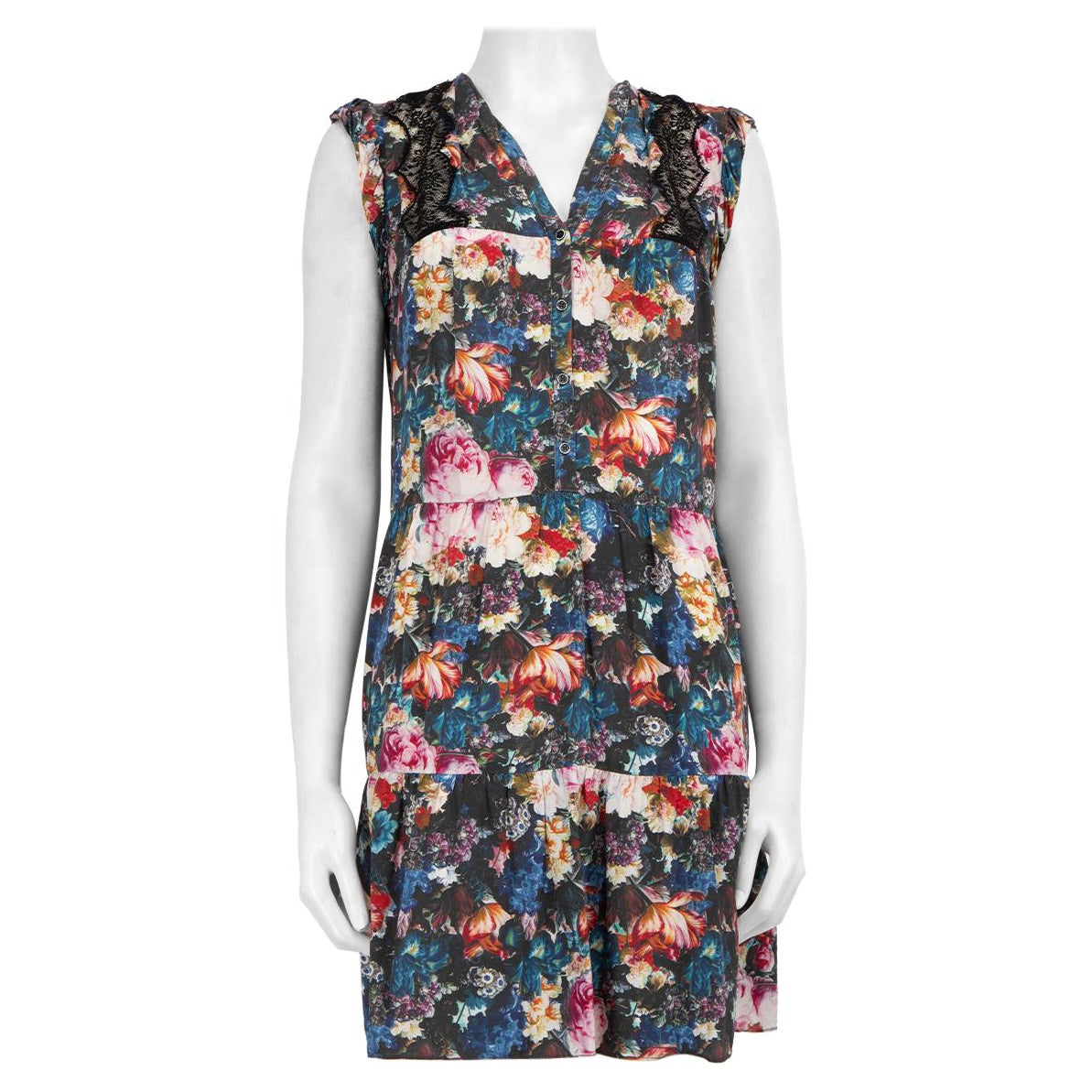 Sandro Mini-robe à volants en soie à fleurs, taille L en vente