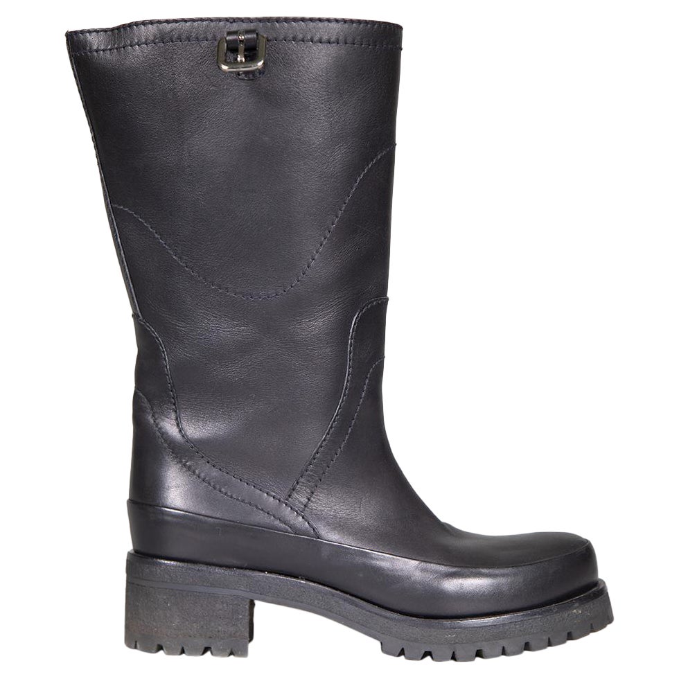 Prada Black Leather Mid Calf Buckle Boots Size IT 38 For Sale