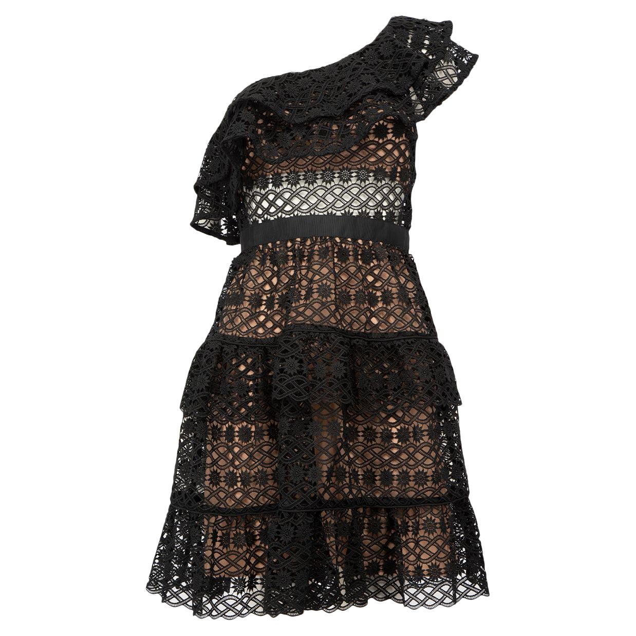 Self-Portrait Mini Dress monospalla in pizzo nero taglia S in vendita