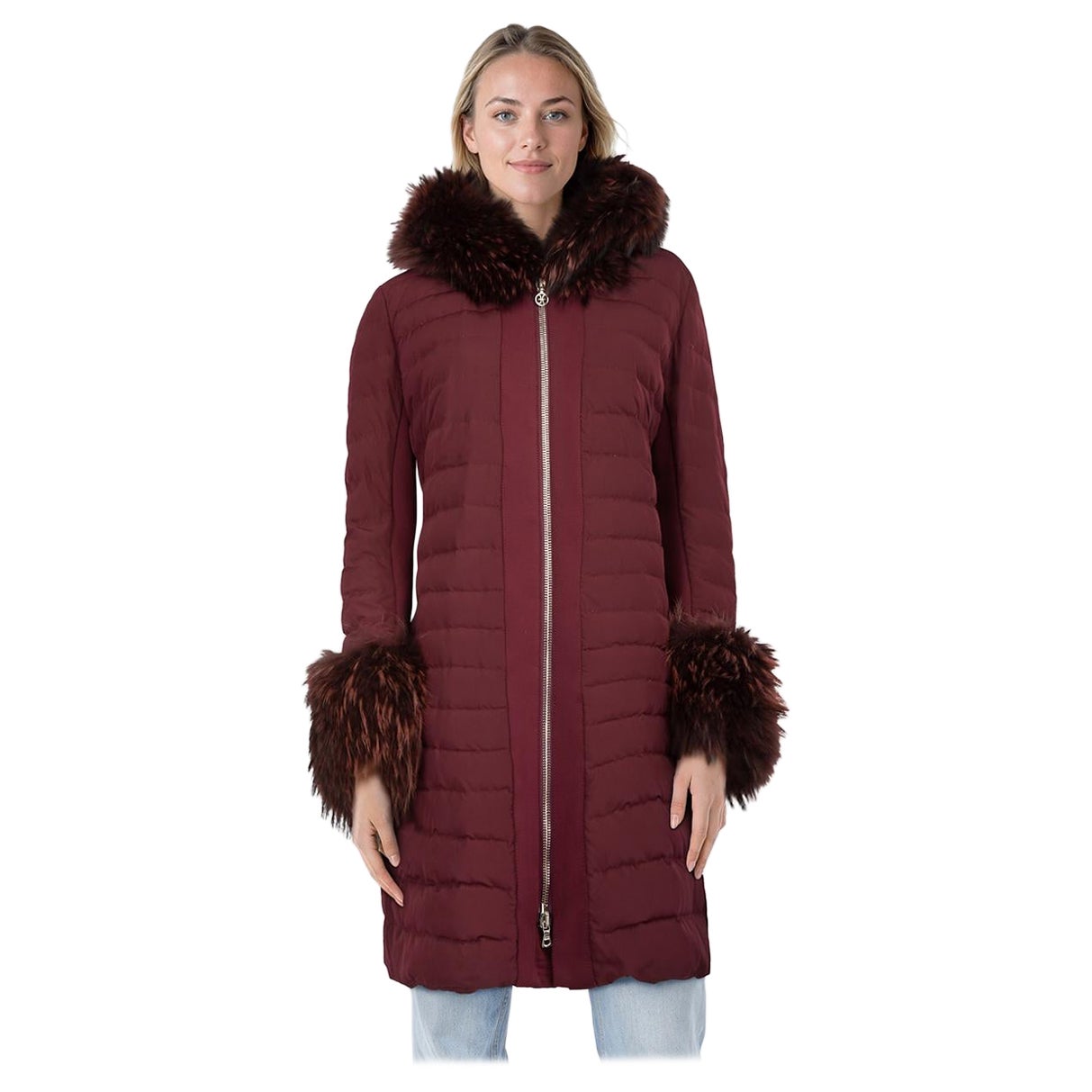 Fabi Burgundy Quilted Long Puffer Fur Trim Coat Size L