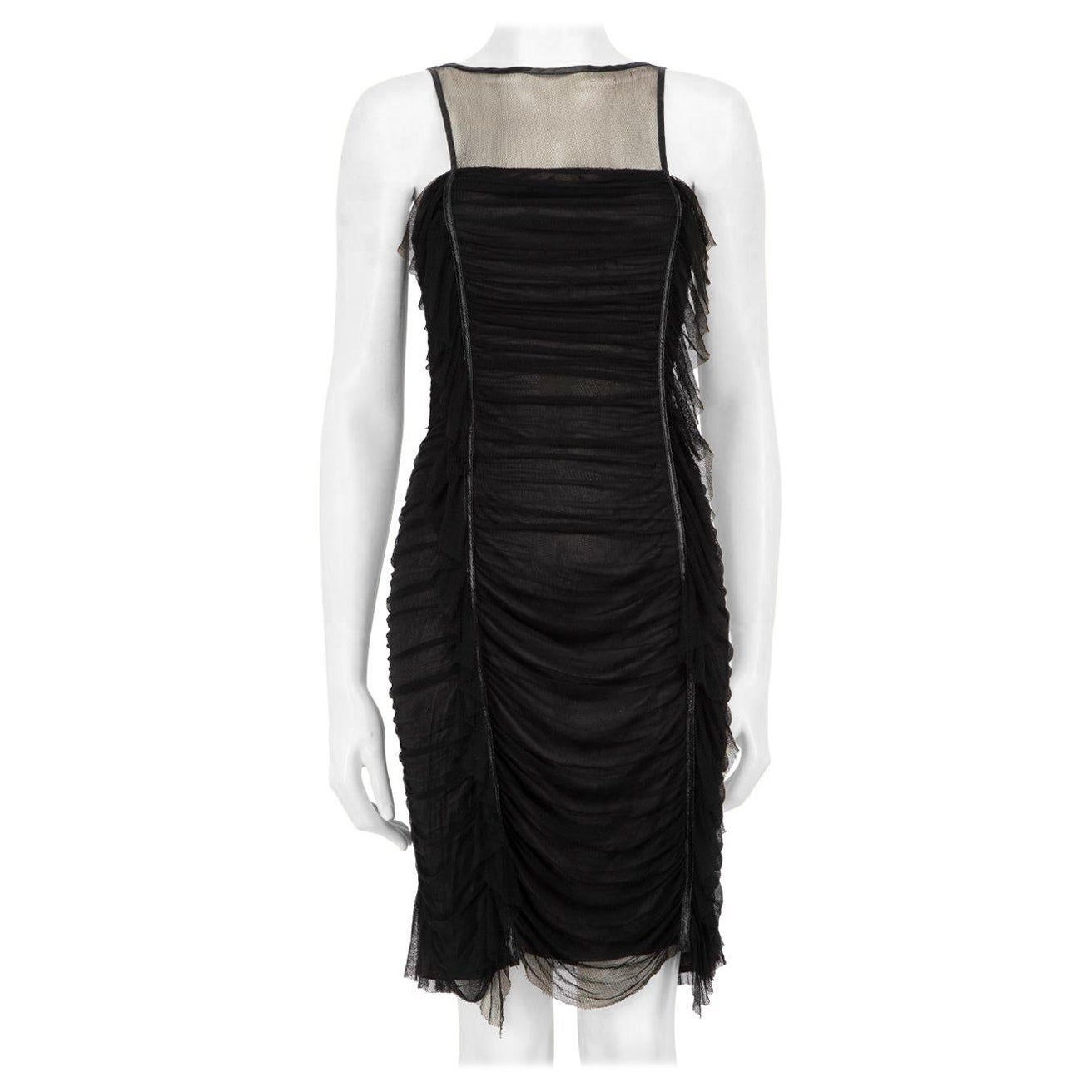 Fendi Vestido negro de tul fruncido hasta la rodilla Talla M