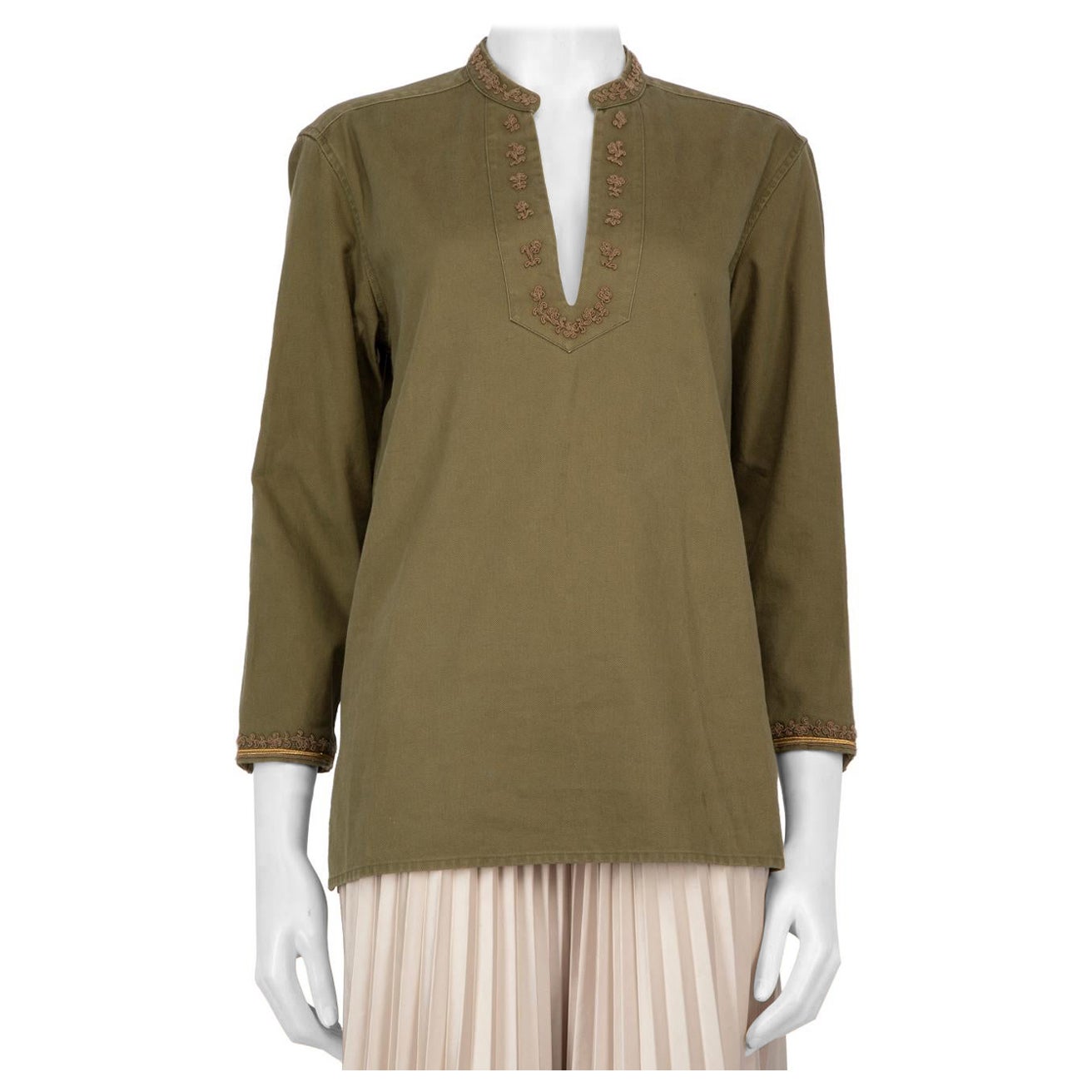 Saint Laurent Khaki Embroidered Long Sleeve Top Size S
