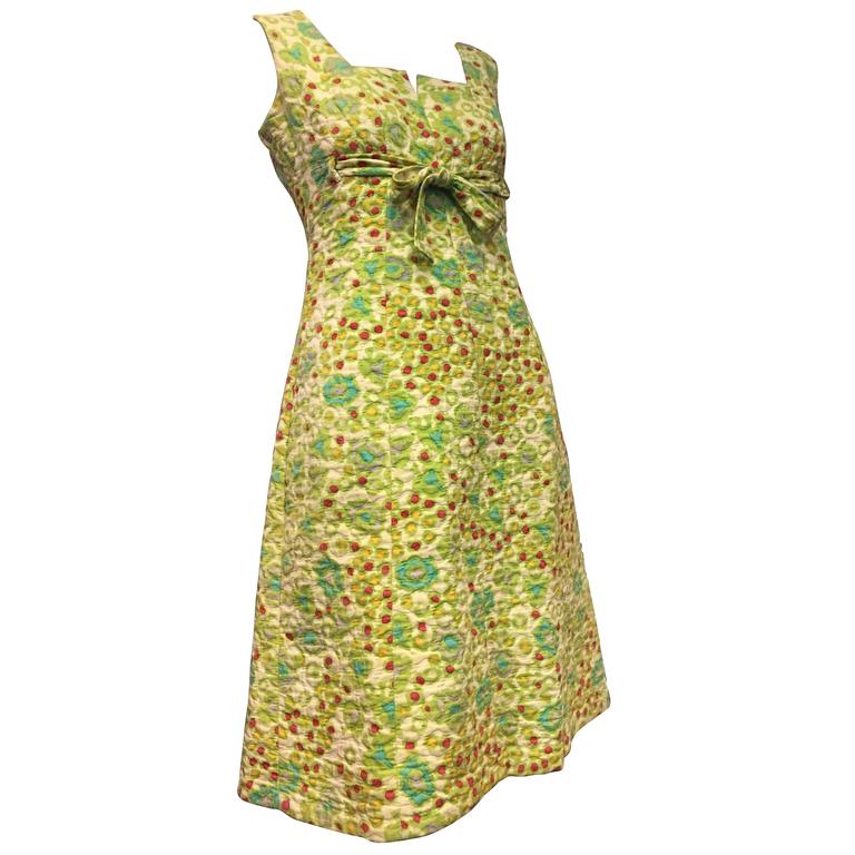 1960s Pauline Trigere Quilted Colorful Floral A-Line Mod Dress w Empire ...