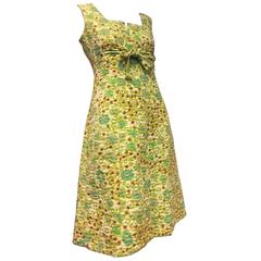 1960s Pauline Trigere Quilted Colorful Floral A-Line Mod Dress w Empire Tie 3