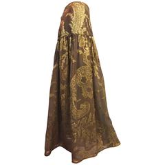 Late 1970s Saint Laurent Taupe Silk and Gold Lamé Paisley Patterned Maxi Skirt 4
