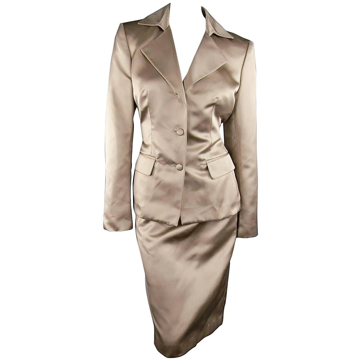 YVES SAINT LAURENT Size 10 Muted Mauve Beige Silk Satin Top Stitch Skirt Suit