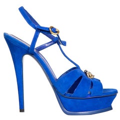 Saint Laurent Blue Suede Tribute Platform Sandals Size IT 39.5