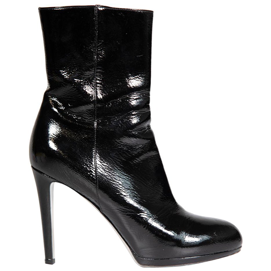 Sergio Rossi Black Heeled Ankle Patent Boots Size IT 39.5 For Sale