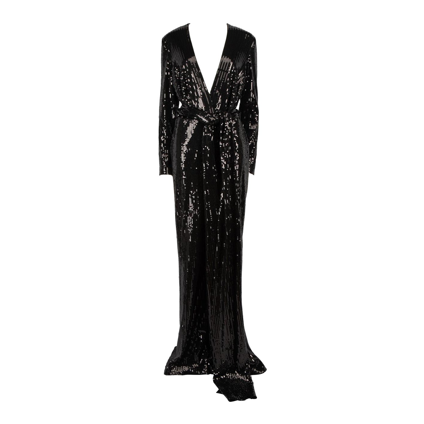 Elie Saab A/W19 Black Sequin Plunge Neckline Jumpsuit Size XXL For Sale