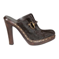 Gucci Brown Ponyhair Horsebit Accent Wooden Mules Size IT 37