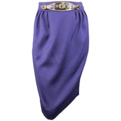 Hermes Vintage Size 4 Purple Wool Leather Belt Front Pencil Skirt