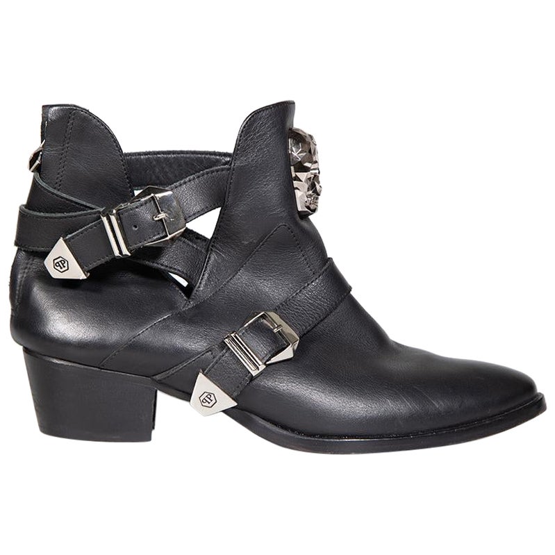 Philipp Plein Black Leather Skull Ankle Boots Size IT 38 For Sale