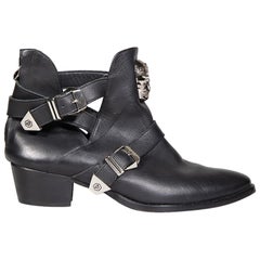 Philipp Plein Black Leather Skull Ankle Boots Size IT 38