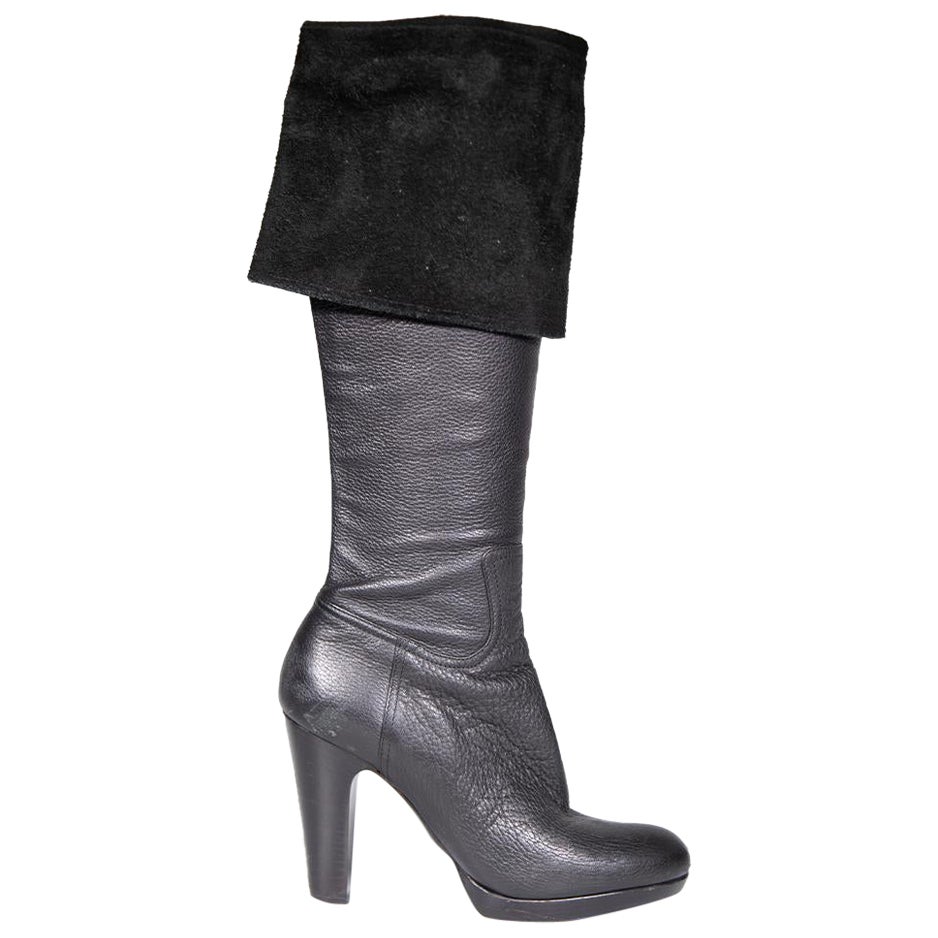 Miu Miu Black Leather Cuffed Heeled Boots Size IT 38 For Sale