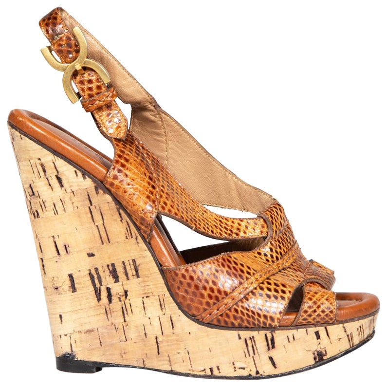 Chloé Brown Snakeskin Platform Wedge Sandals Size IT 38 For Sale