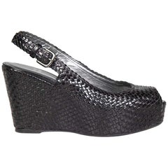 Stuart Weitzman Black Leather Woven Wedge Sandals Size IT 37.5