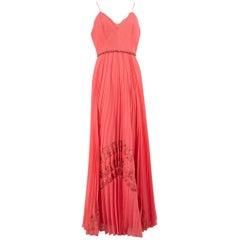 Badgley Mischka Maxi Vestido Plisado de Encaje Rosa Talla L
