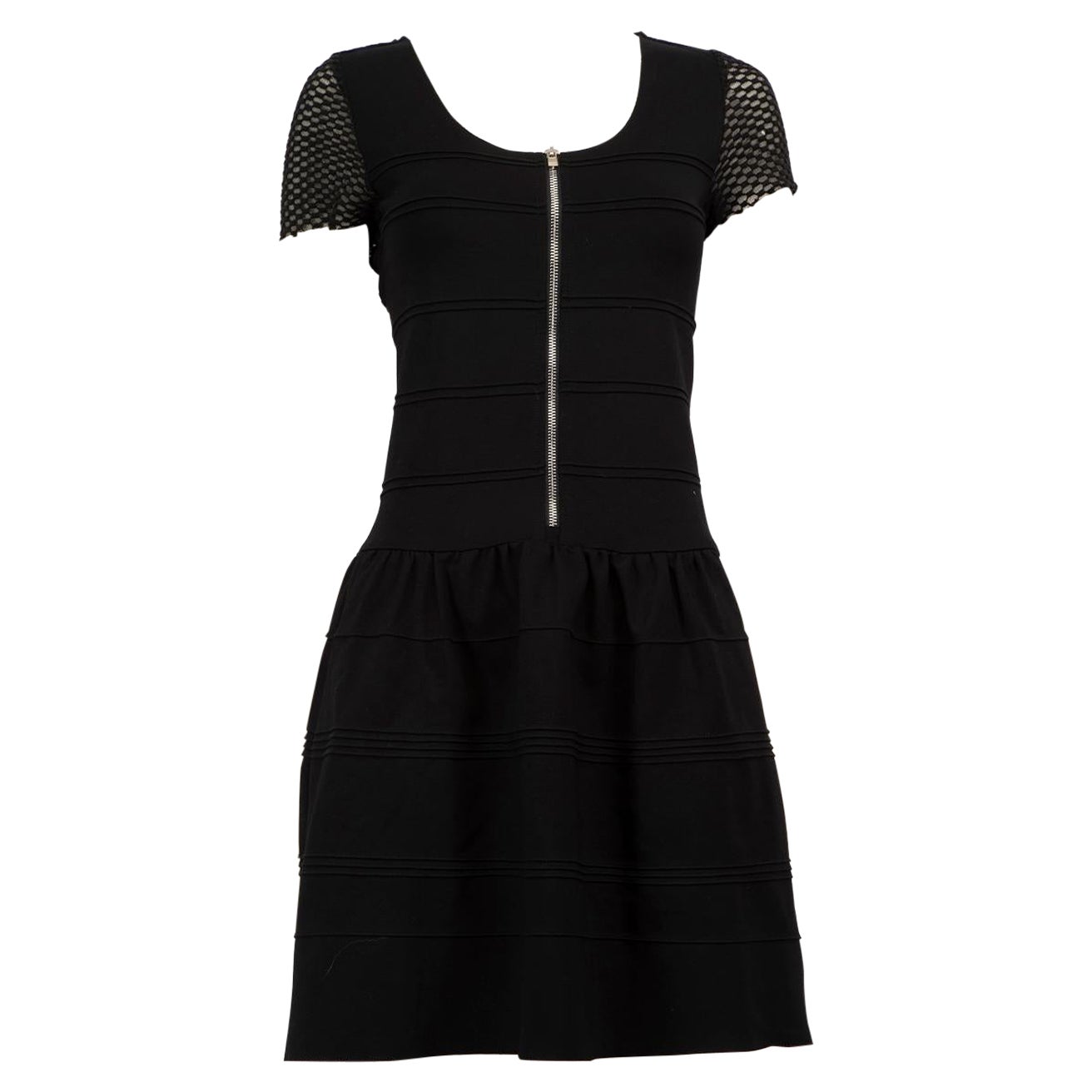 Maje Schwarzer Rücken Mesh Panel Zip Front Minikleid Größe L