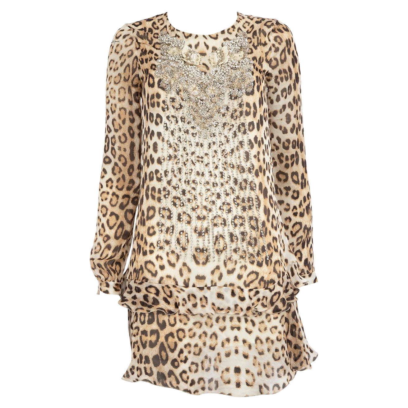 Roberto Cavalli Brown Silk Leopard Crystal Dress Size XS For Sale