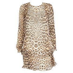 Roberto Cavalli Brown Silk Leopard Crystal Dress Size XS