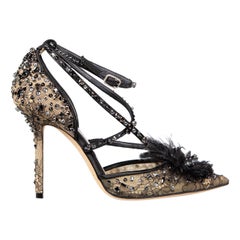 Jimmy Choo Black Ostrich Feather Crystal Odette 100 Pumps Size IT 37