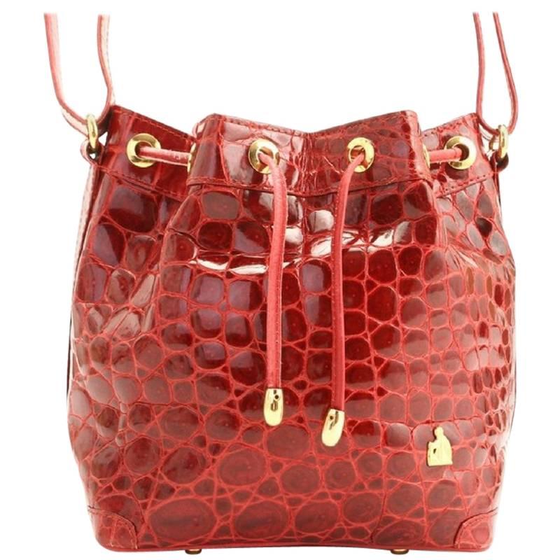 Vintage LANVIN genuine glossy red crocodile bucket, hobo shoulder bag. Rare bag. For Sale