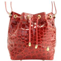Retro LANVIN genuine glossy red crocodile bucket, hobo shoulder bag. Rare bag.