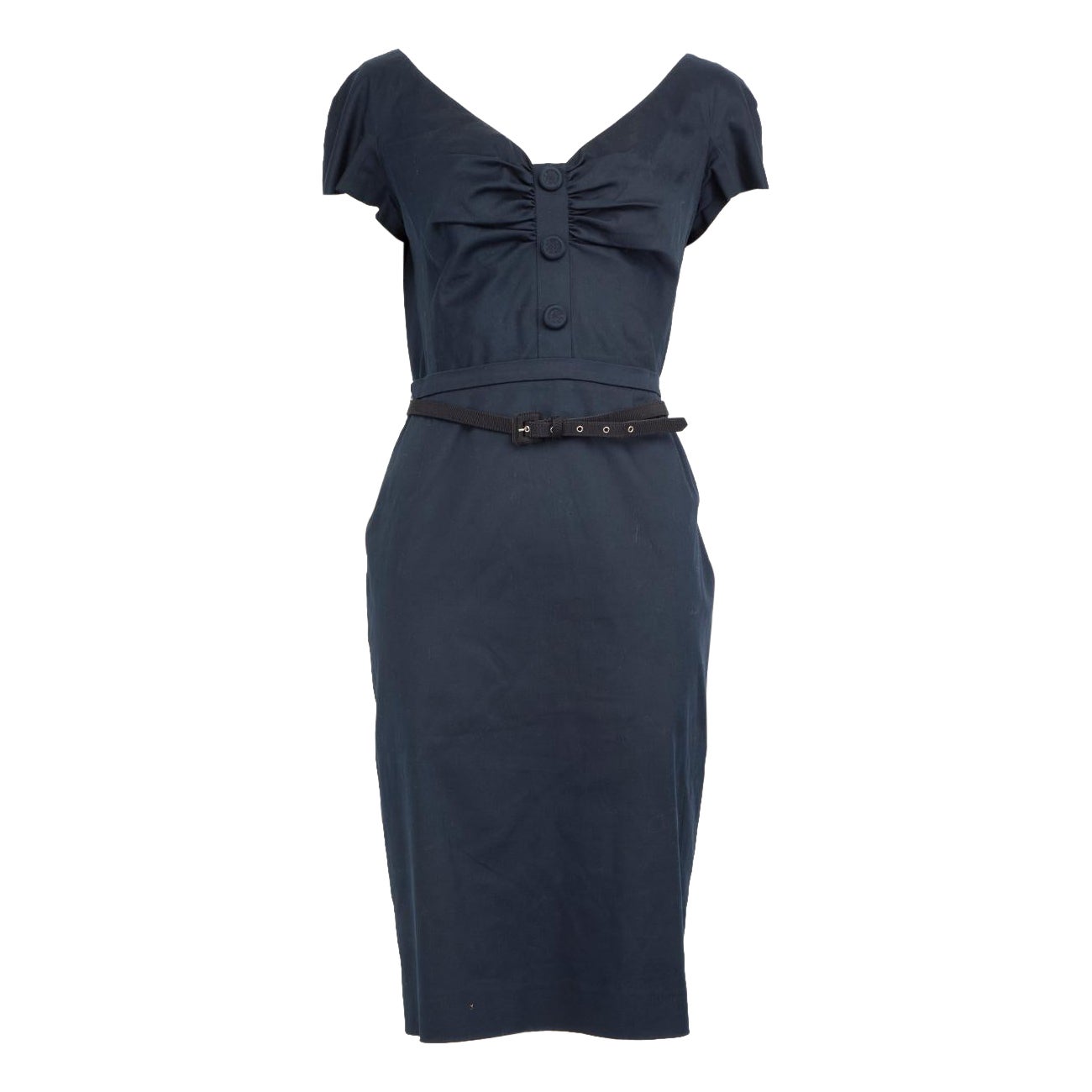 Dior Navy Button Detail Belted Dress Size L For Sale
