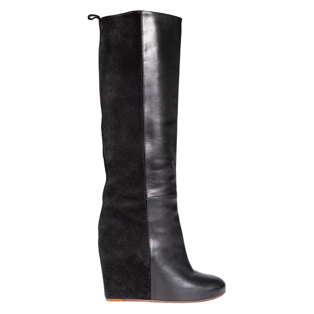 Céline Black Suede & Leather Wedge Boots Size IT 37.5 For Sale