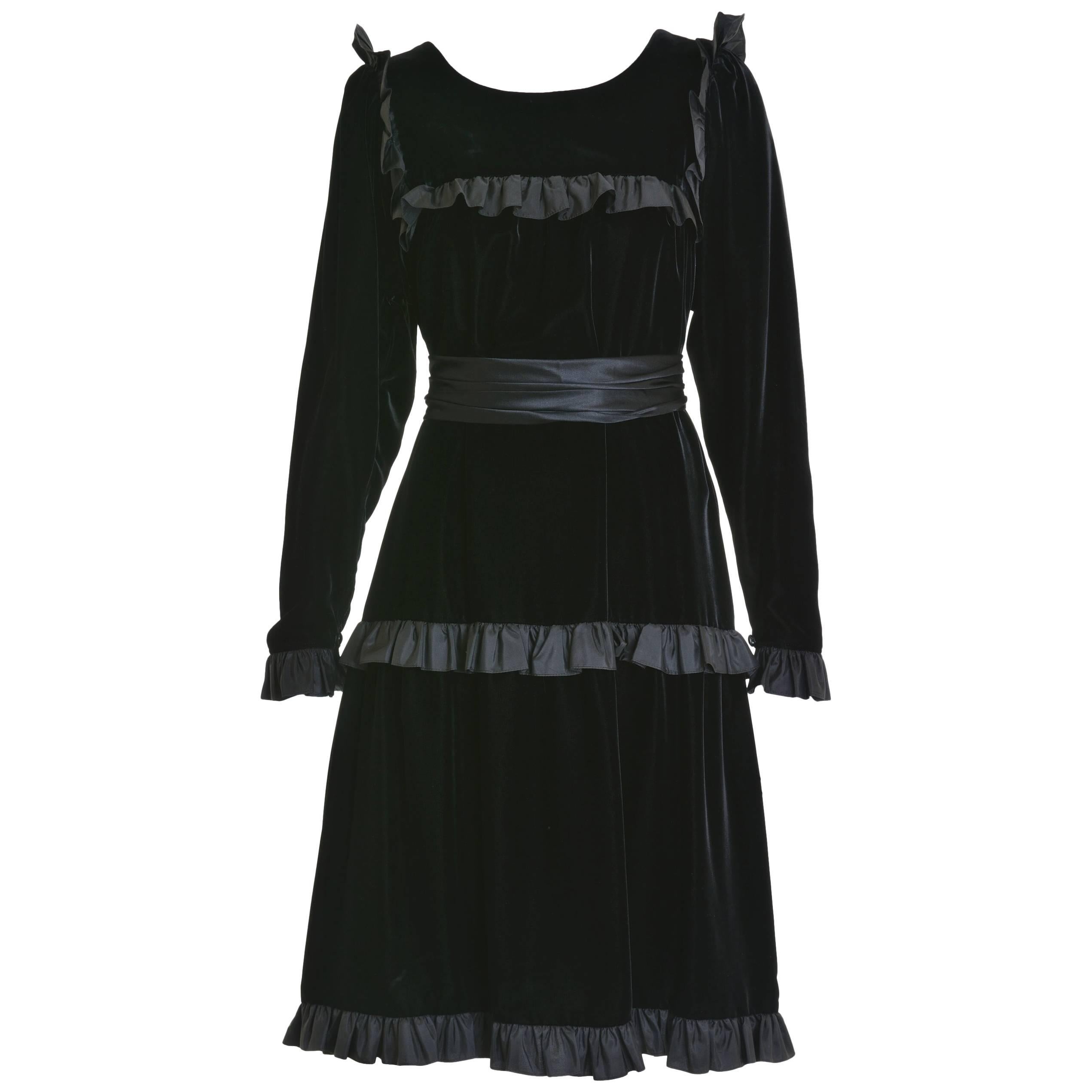 1980s YVES SAINT LAURENT Rive Gauche Black Velvet Dress