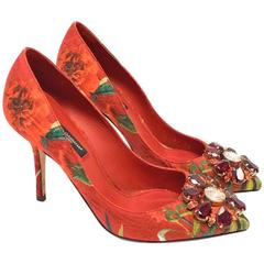 Dolce & Gabbana Red Embellished Patterned Jacquard Pumps 9