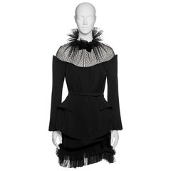 Thierry Mugler Black Wool Peplum Skirt Suit with Point d’Esprit Trim, FW 1995