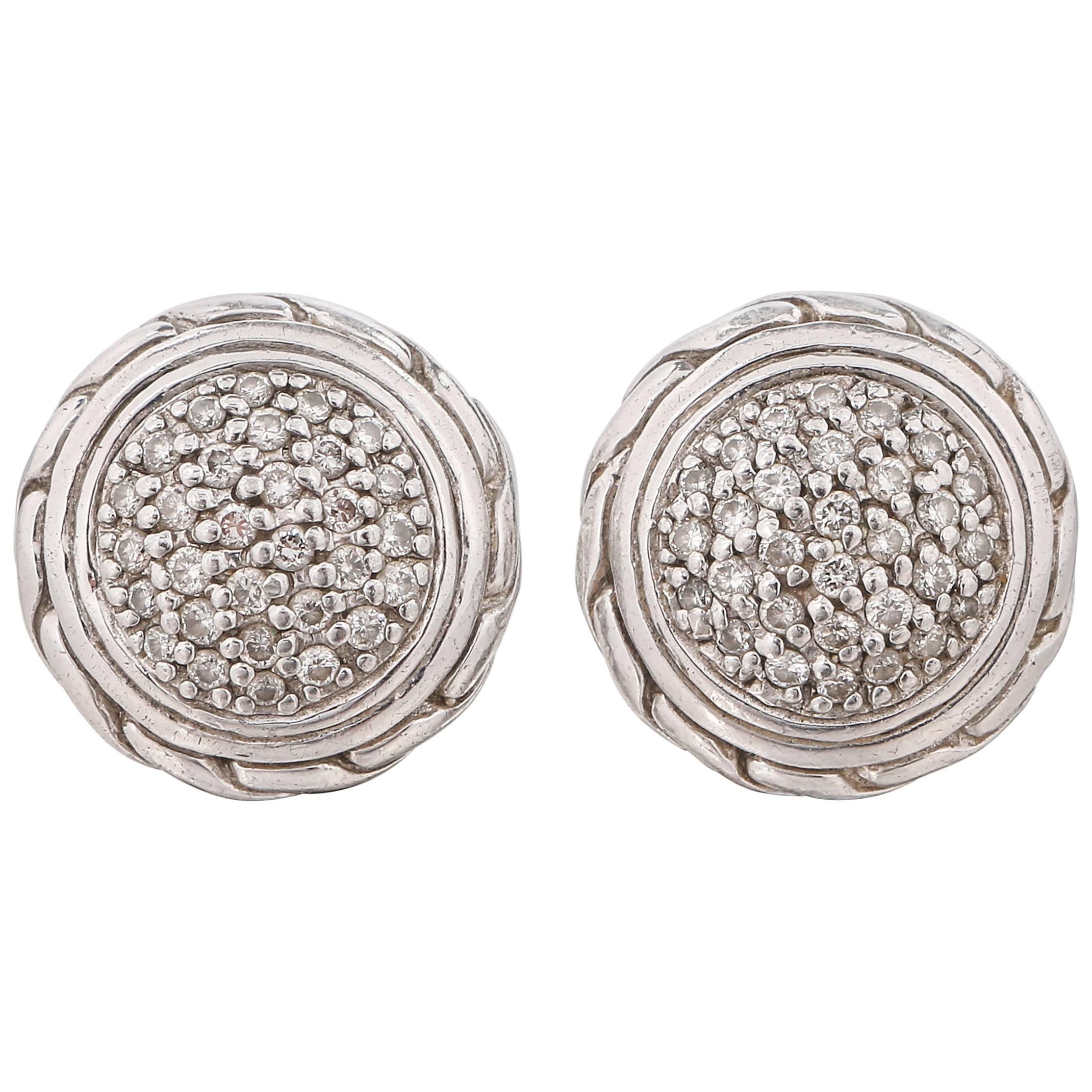 JOHN HARDY "Classic Chain" Round Pave Diamond 18K Sterling Silver Stud Earrings