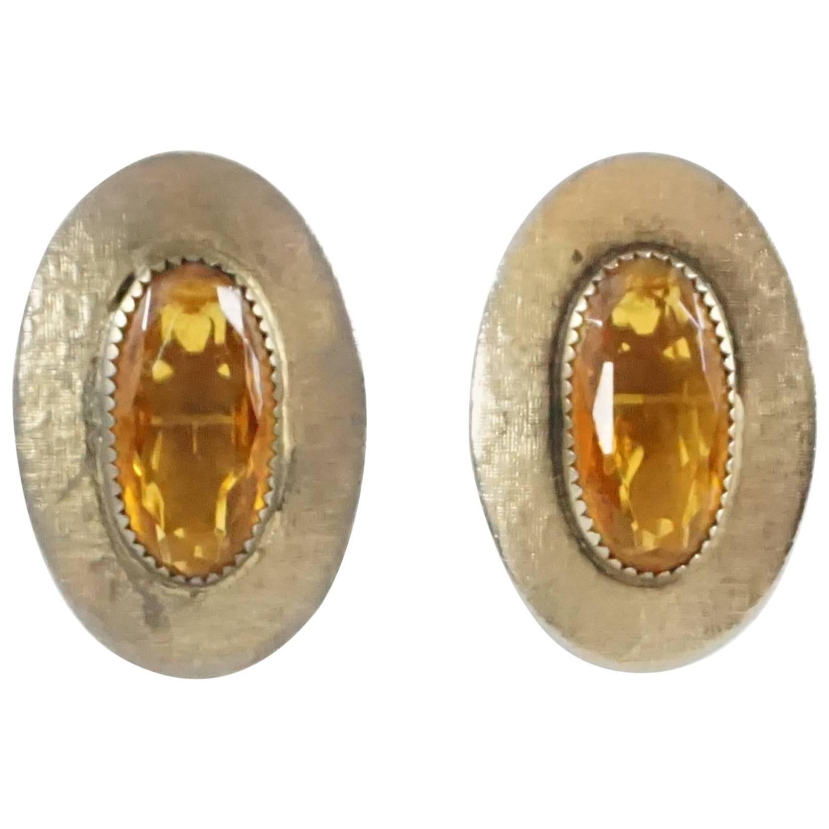 Whiting & Davis Silver and Amber Rhinestone Earrings