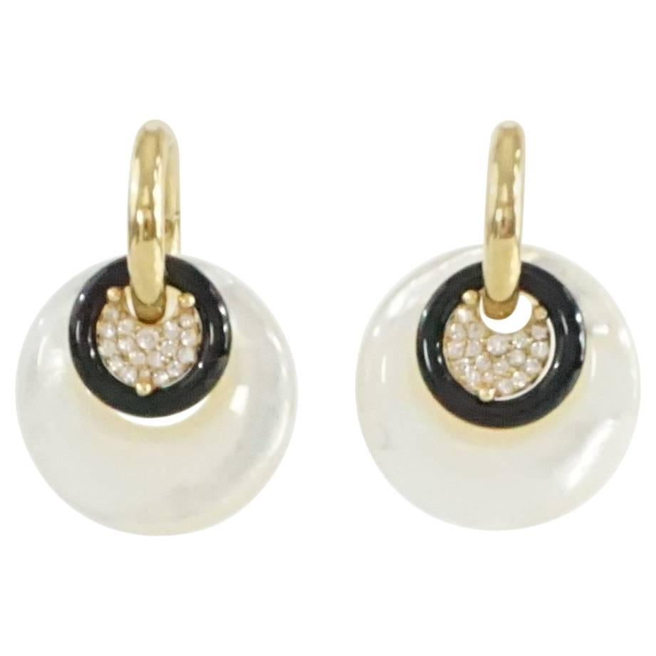 Peggy Daven 18K Gold Mother of Pearl, Ebony, and Diamond Hoop Earrings 