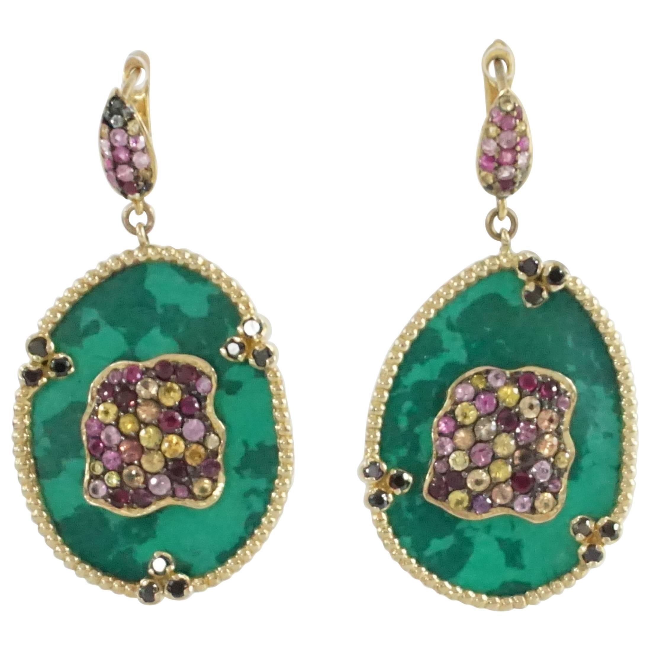 Malachite Gold Vermeil Drop Earrings with Pink and Yellow Sapphires 