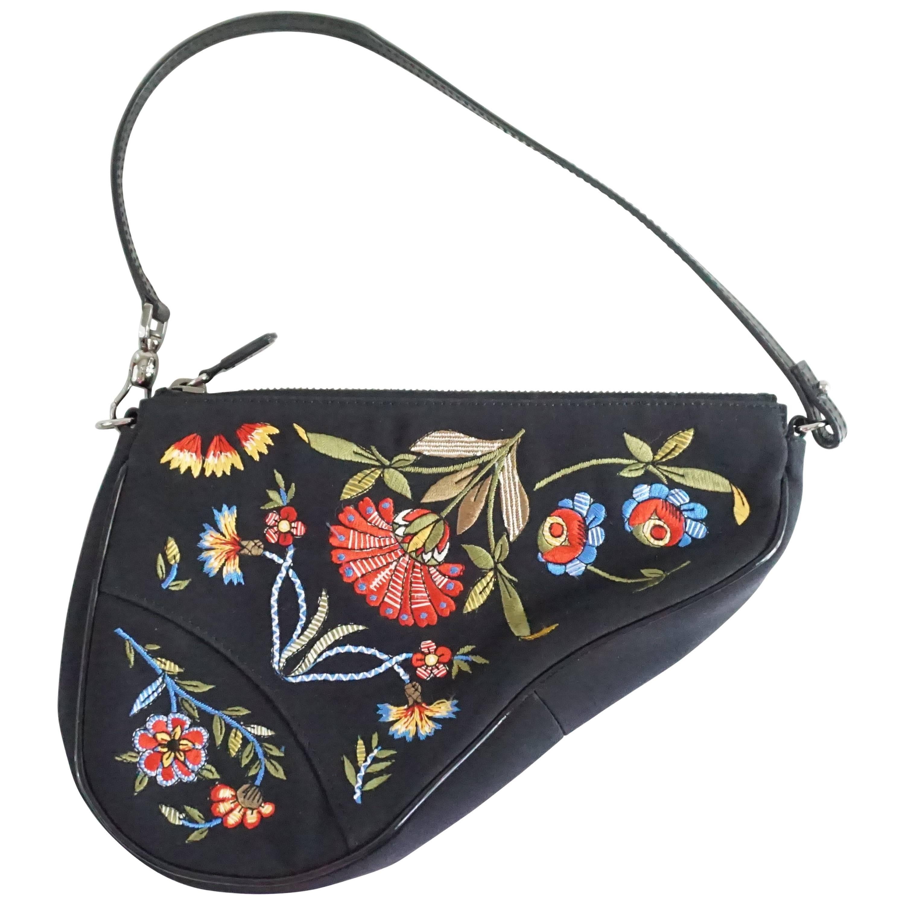 Christian Dior Black and Multi Floral Embroidered Saddle Bag - SHW