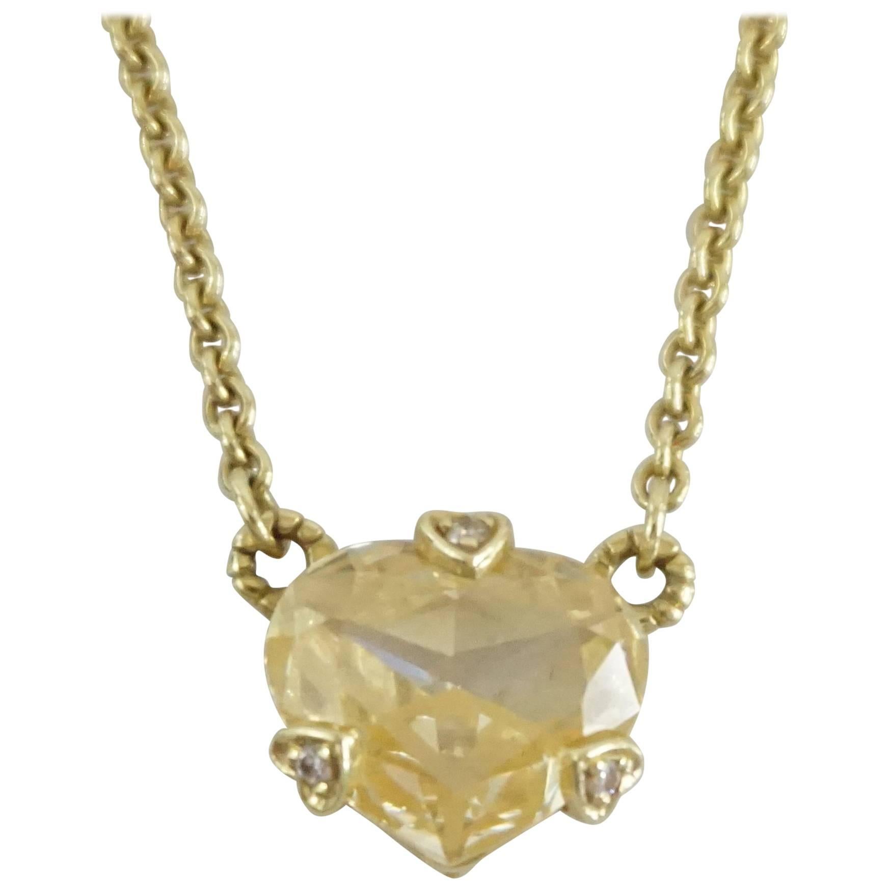 Judith Ripka 18K Gold Canary Quartz Heart and Diamond Necklace