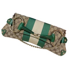 Gucci Horsebit 1955 Chain Cloth Gucci Monogram Green Leather and Gold Studs