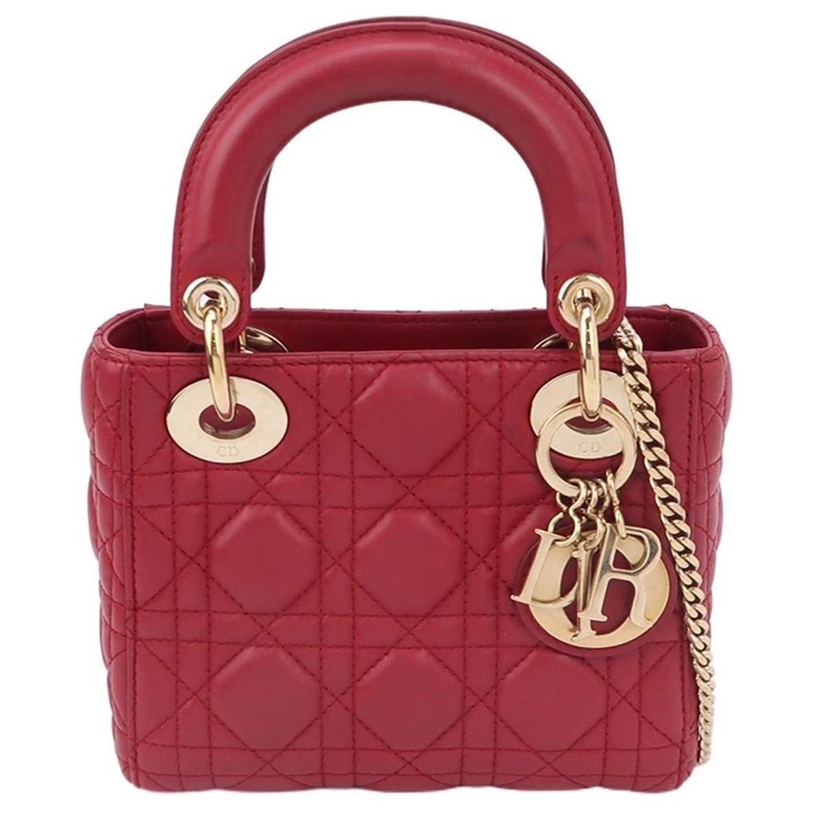 Lady Dior Mini Red Lambskin Leather Gold HW Chain Strap For Sale