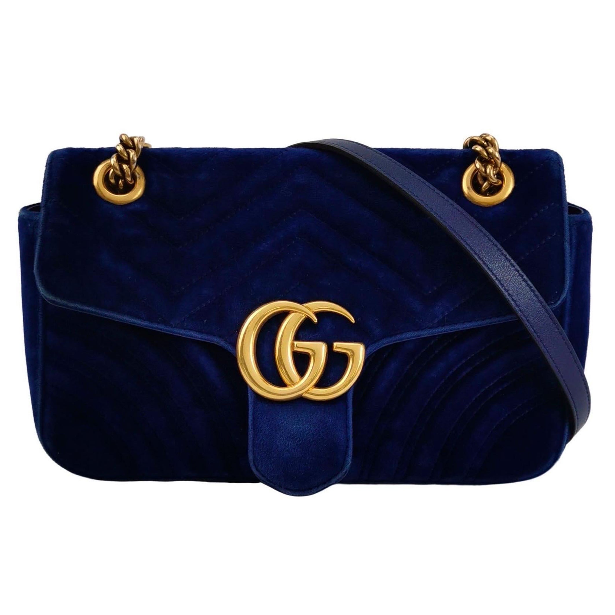 Gucci Marmont Small Flap Turquoise Navy Velvet Handbag For Sale