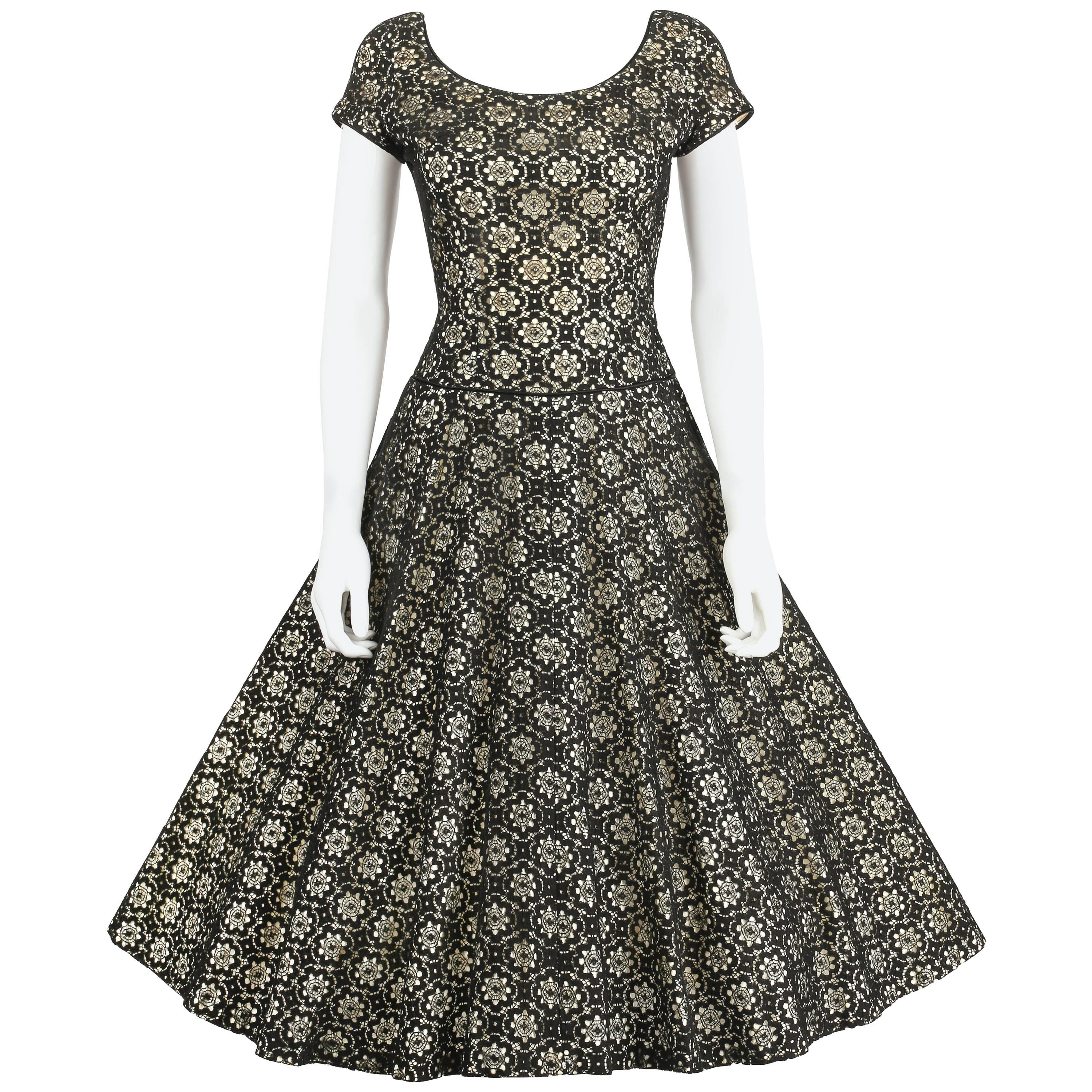 MISS JANE JUNIOR c.1950's Black Floral Lace Rhinestone Embellished Party Dress