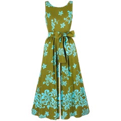 Vintage WALTAH CLARKE'S HAWAIIAN SHOP c.1960's Olive Green & Turquoise Floral Jumpsuit