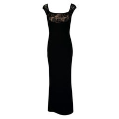 Elie Saab - Robe noire à épaules dénudées, dentelle perlée, corsage Empire en crêpe et traîne 42