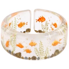 Vintage c.1940's Clear Plastic Lucite Reversed Hand Carved Goldfish Cuff Bracelet