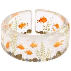 c.1940's Clear Plastic Lucite Reversed Hand Carved Goldfish Cuff Bracelet 8
