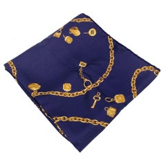 Celine Navy Blue Silk Twill Square Scarf with Chain Print