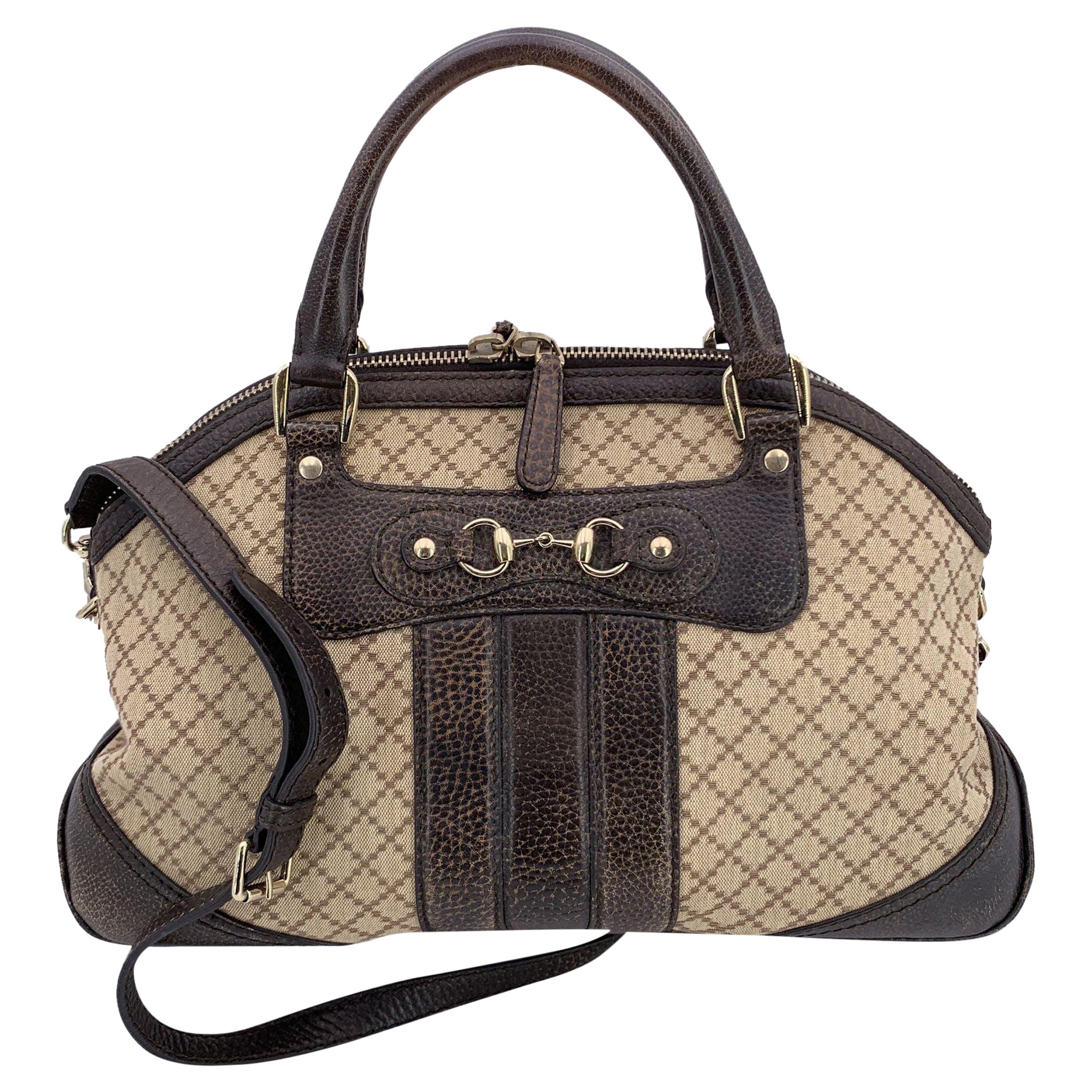 Gucci Beige Brown Diamante Canvas Horsebit Catherine Satchel Bag For Sale