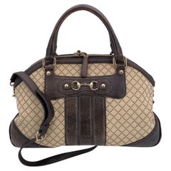 Gucci Beige Brown Diamante Canvas Horsebit Catherine Satchel Bag